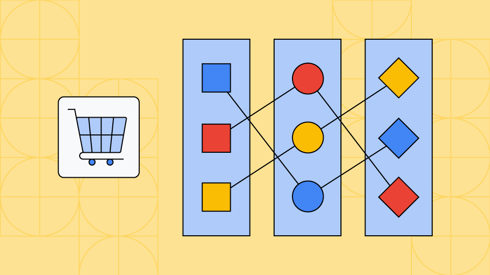 un carrello della spesa blu e una serie di cerchi e quadrati collegati da una serie di linee